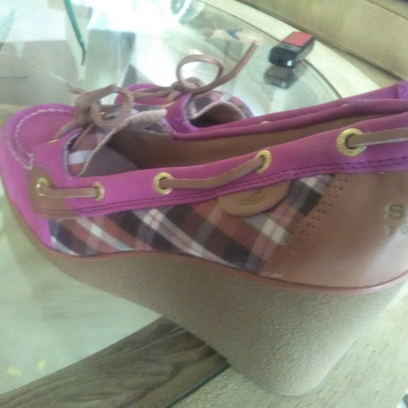BNWOT PINK SPERRY TOP SIDERS HIGH HEELS (WEDGES) OMG ADORABLE! SZ. 8 M LEATHER - Picture 4 of 12
